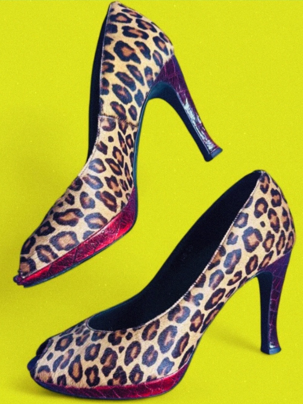 Donald J. Pliner Leopard Print Calf Hair Peep-Toe Heels with Red Accents